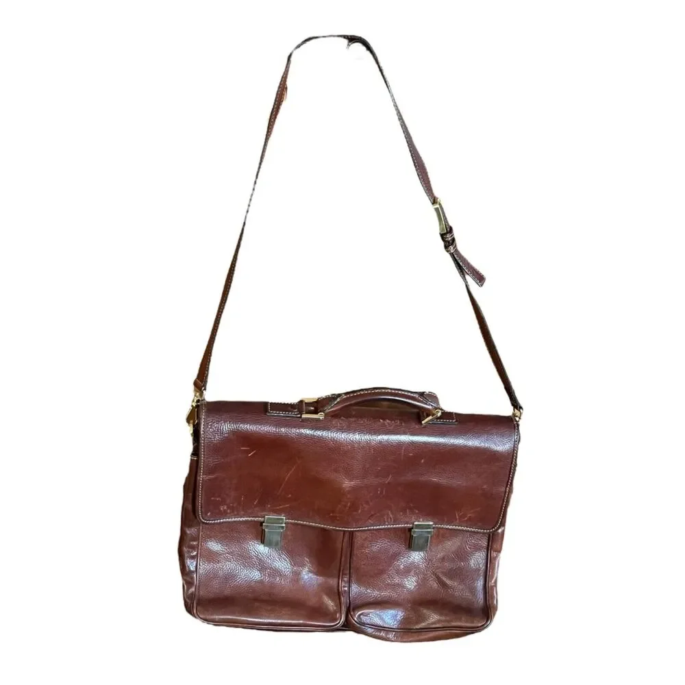 Cole Haan attache briefcase brown leather multi pocket double buckle 18